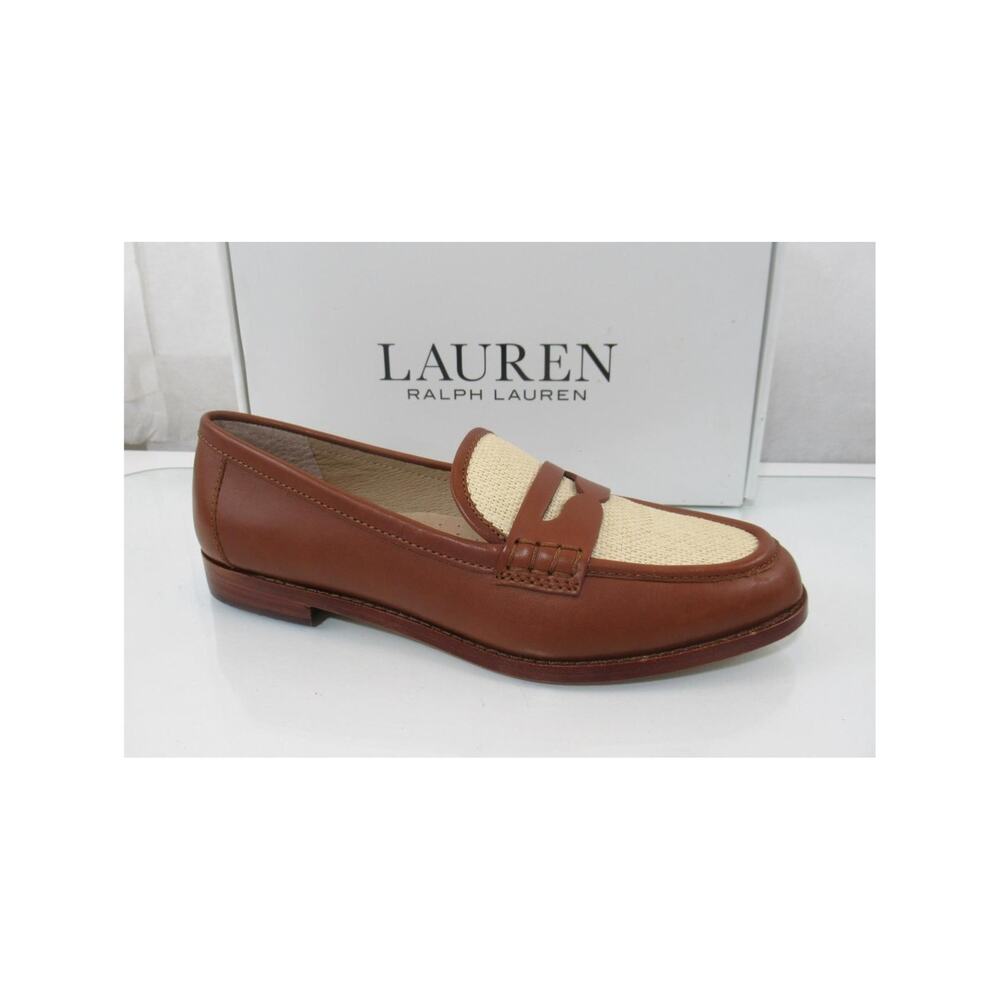 Women's LAUREN Ralph Lauren Size 8 Wynnie Leather / Raffia Penny Loafer Tan